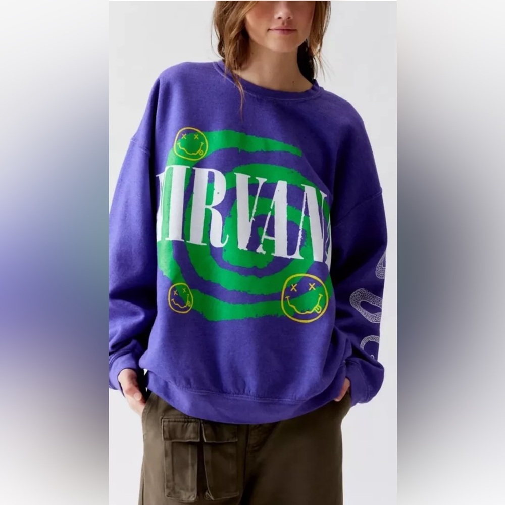 Urban Outfitters Nirvana Helix Smile Oversize Loose Crew Neck Sweatshirt Purple
